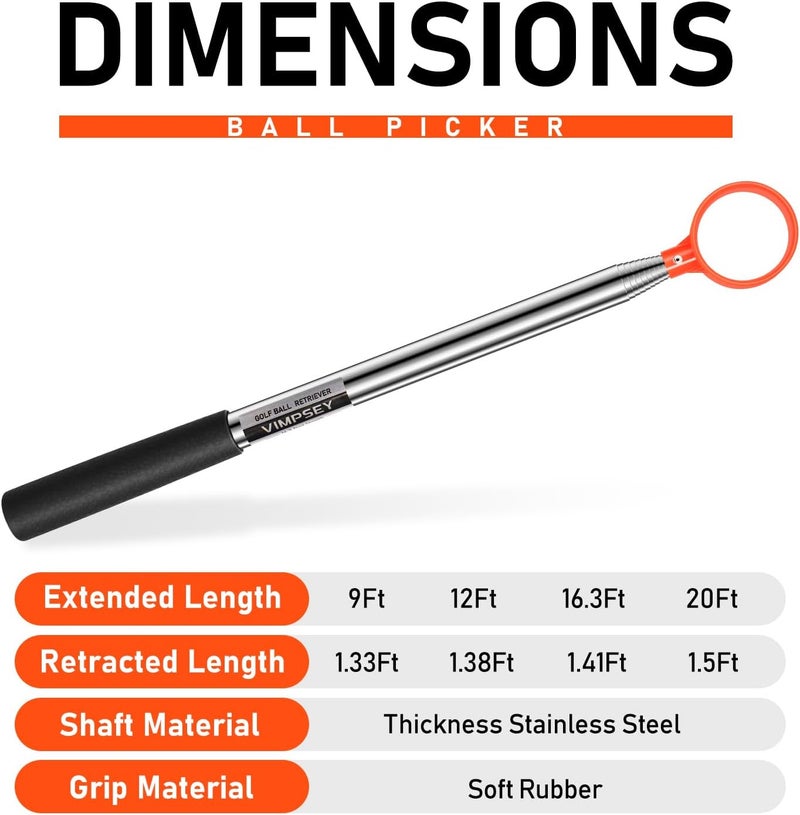 VIMPSEY 9Ft/12Ft/17Ft/20Ft Golf Ball Retriever for Water Telescopic, Light Weight Double Sided Golf Ball Picker Upper, Men's and Women's Golf Accessories Gifts. - Image 4